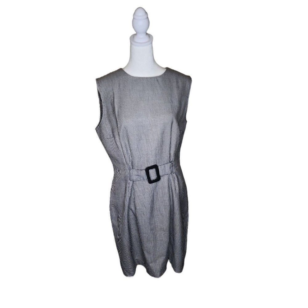 Vintage 80s Marnie West Sheath Dress Sleeveless Womens Size L Black Houndstooth